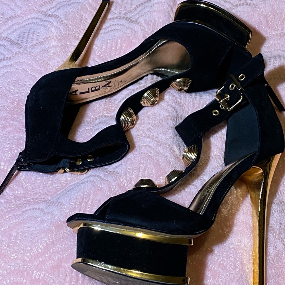 Adela Platform Black and Gold Heels